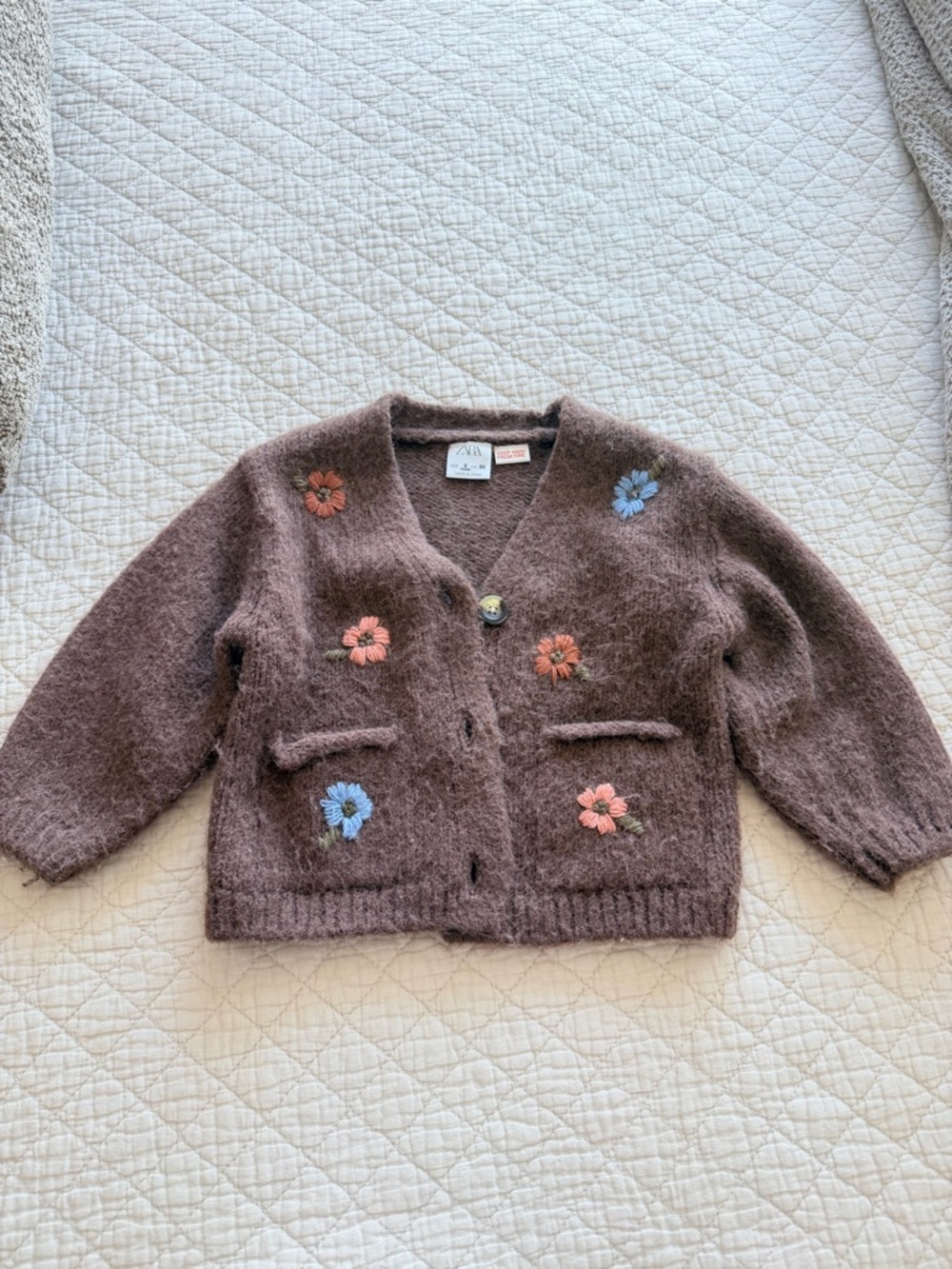 ZARA Brown Cardigan with Pink & Blue Floral Embroidery